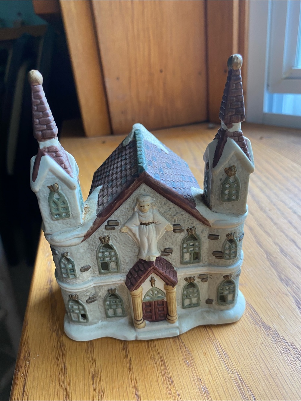 Ceramic Church Figurine with Steeples - White and Brown